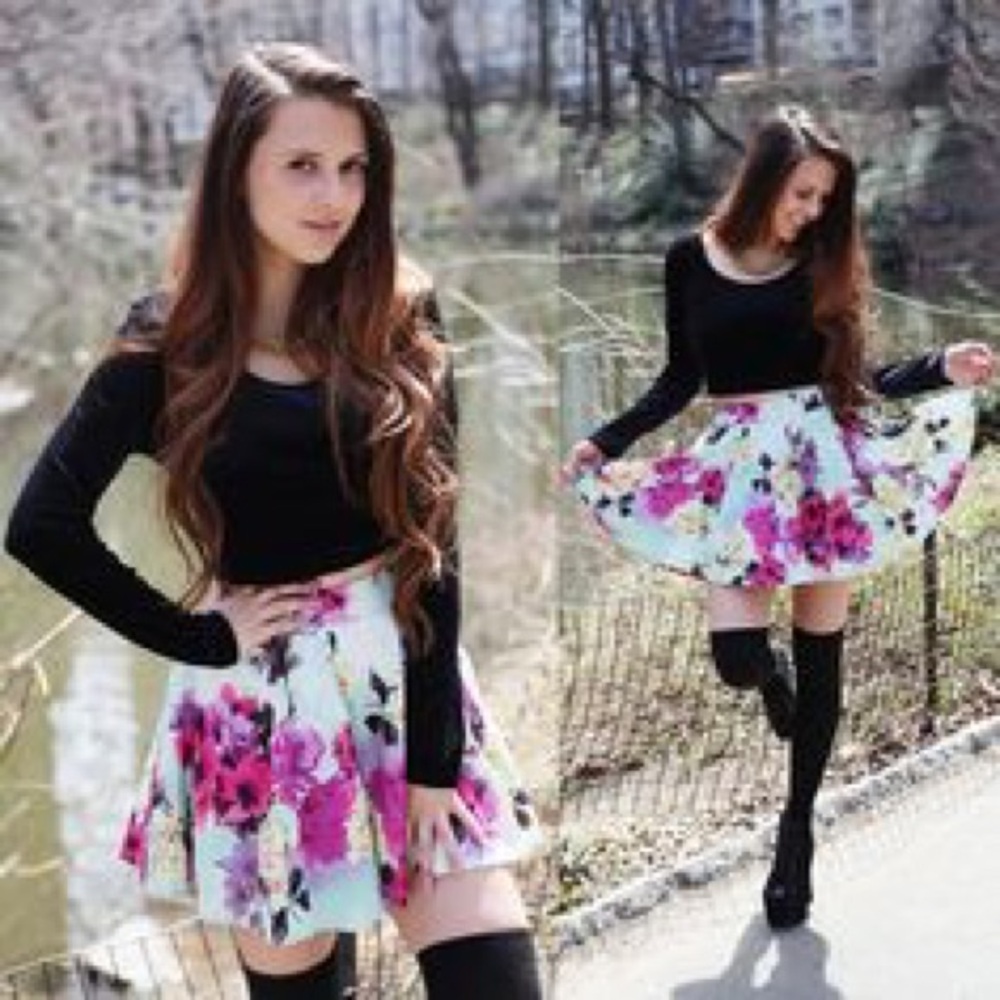 LF Floral Skater Skirt - Black, Pink, White